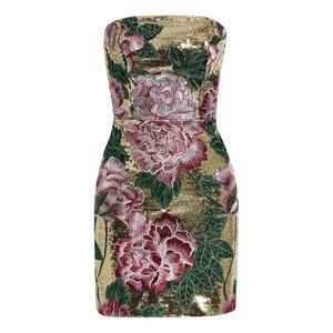 Marchesa Notte Strapless Mini Tulle Dress Sequined Floral Embellished Embroiled